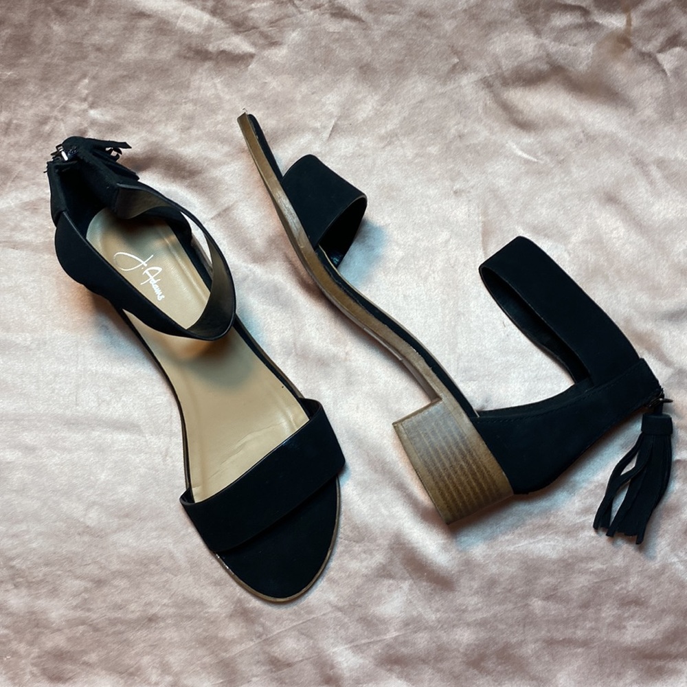 3/$65 J. Adams Black Suede Zip-Up Open-Toed Block Heel Sandal